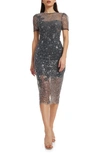 Dress The Population Lia Sequin Illusion Mesh Overlay Midi Cocktail Dress In Steel