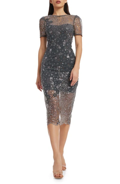 Dress The Population Lia Sequin Illusion Mesh Overlay Midi Cocktail Dress In Steel