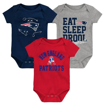 Outerstuff Babies' Newborn & Infant Navy/red/heather Gray New England Patriots Three-pack Eat, Sleep & Drool Retro Body In Navy,red,heather Gray
