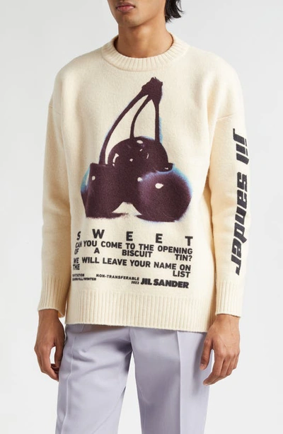 Jil Sander Cherry Print Wool Sweater In White/ Multicolor Cherry