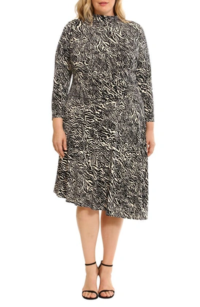 Maggy London Abstract Print Long Sleeve Asymmetric Hem Dress In Charcoal/ Cream