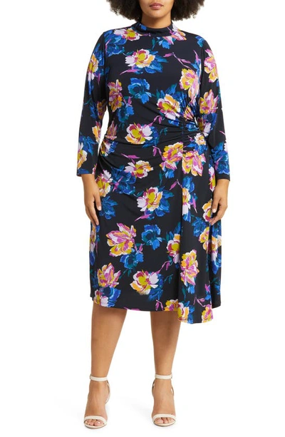 Maggy London Floral Print Ruched Mock Neck Long Sleeve Dress In Midnight Blue