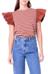 English Factory Mixed Media Stripe Ruffle Sleeve Top In Brown/ White