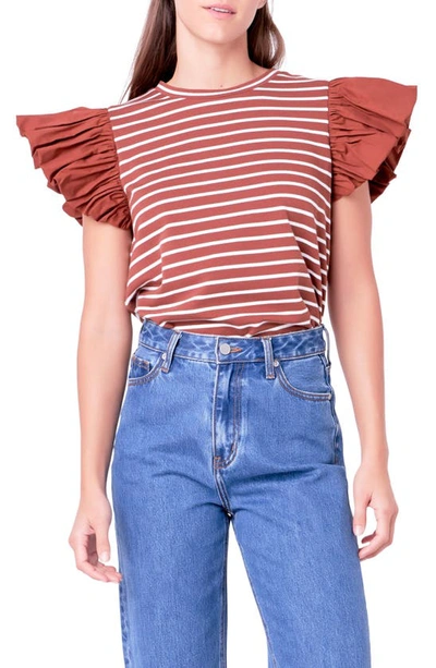 English Factory Mixed Media Stripe Ruffle Sleeve Top In Brown/ White