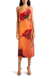 Stine Goya Promise Floral Asymmetric Neck Velvet Midi Slipdress In Orange