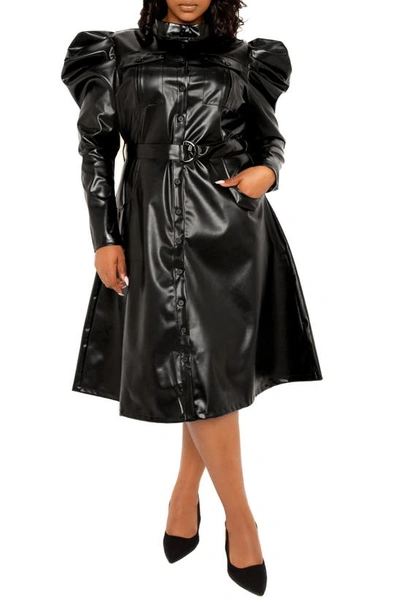 Buxom Couture Puff Shoulder Long Sleeve Belted Faux Leather Shirtdress In Black