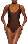 Skims Body Basics Plunge Thong Shaper Bodysuit In Cocoa