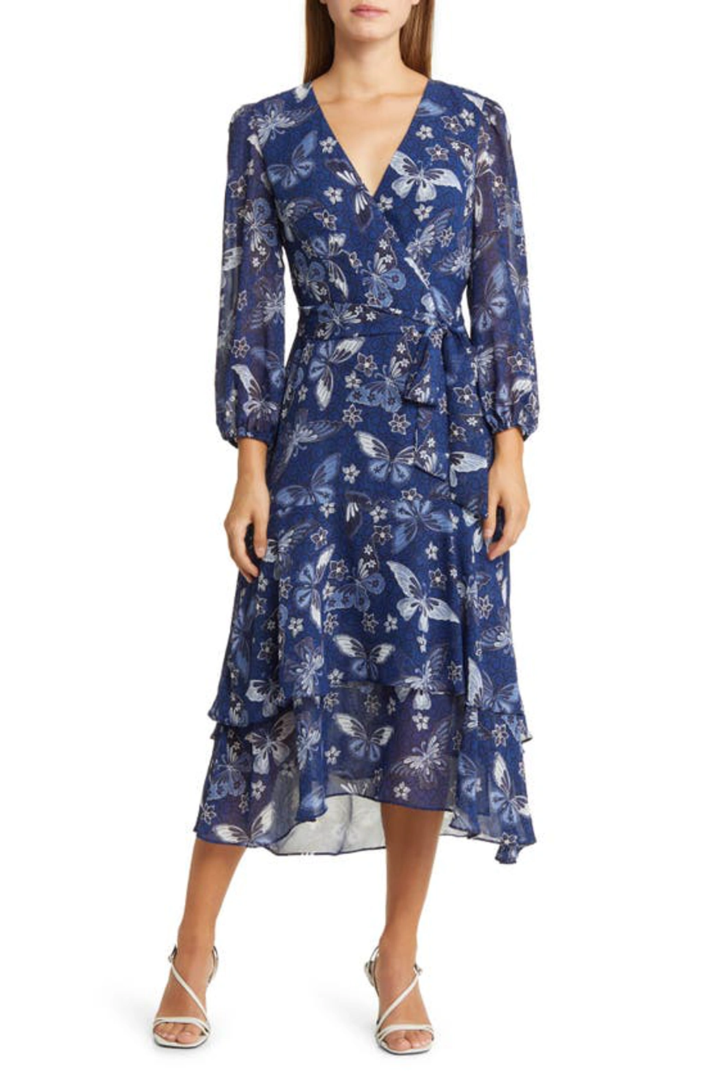 Eliza J Floral Long Sleeve Faux Wrap Midi Dress In Navy | ModeSens