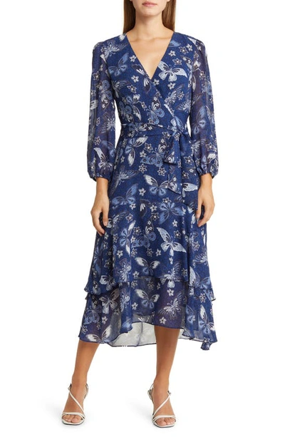 Eliza J Floral Long Sleeve Faux Wrap Midi Dress In Navy