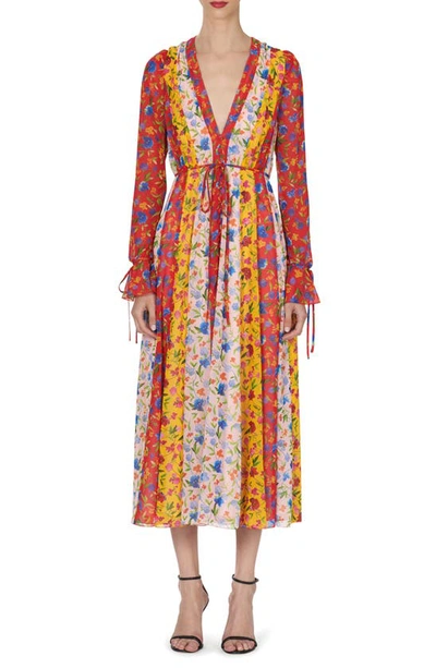 Carolina Herrera Mixed Floral Stripe Long Sleeve Chiffon Midi Dress In Ivory Multi-color