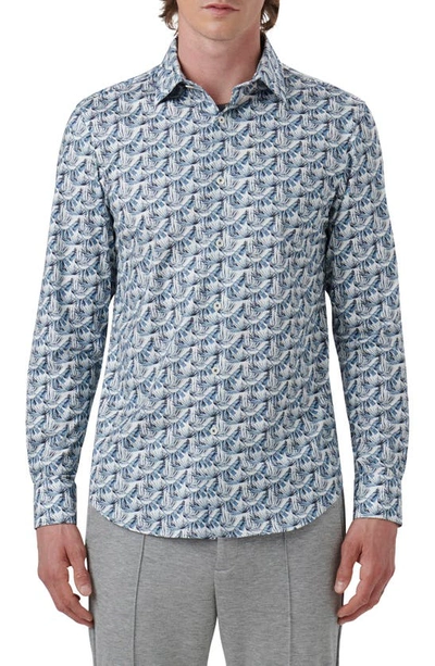 Bugatchi James Ooohcotton® Foliage Print Stretch Cotton Button-up Shirt In Dusty Blue
