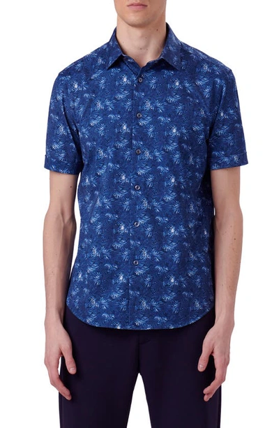 Bugatchi Miles Ooohcotton® Leaf Print Short Sleeve Button-up Shirt In Night Blue