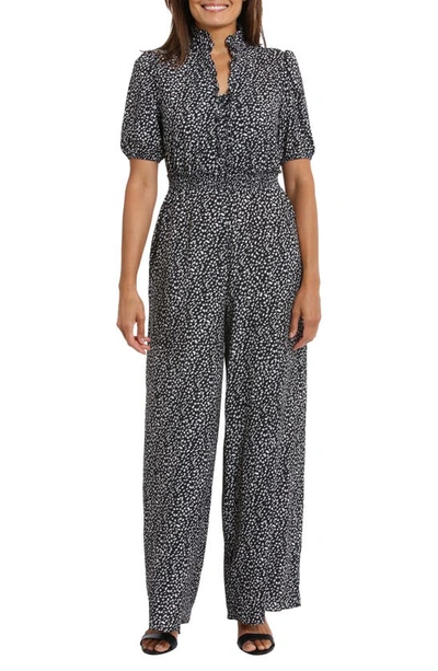 London Times Puff Sleeve Front Zip Jumpsuit In Black Ivy