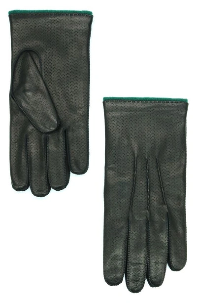 Portolano Perforated Leather Gloves In Black/ Moss