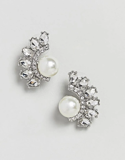 True Decadence Silver Embellished Pearl Studs - Silver