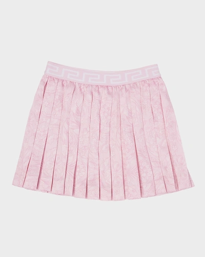 Versace Girl's Barocco-print Pleated Twill Mini Skirt In Pink Light