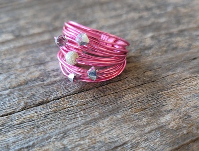 A Blonde And Her Bag Marcia Wire Wrap Ring In Hot Pink With Grey Comet Swarovski Crystals In Multi