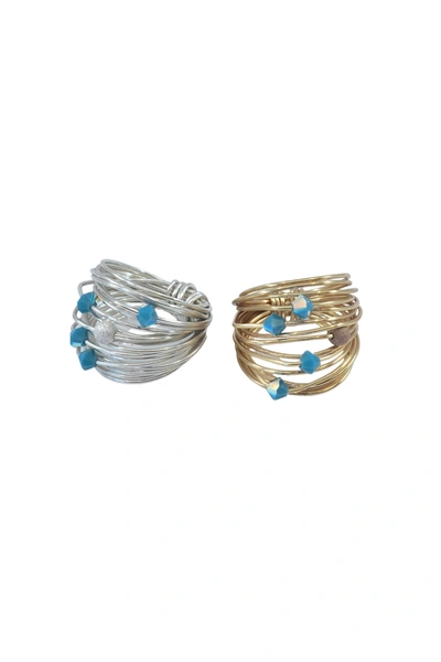 A Blonde And Her Bag Marcia Wire Wrap Ring With Opaque Blue Swarovski Crystals - 14k Gold/ Sterling Silver In Multi