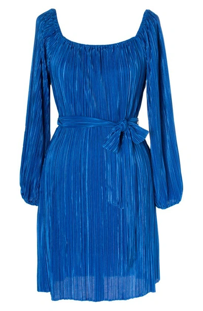Gabby Skye Long Sleeve Pleated Satin A-line Dress In Cobalt