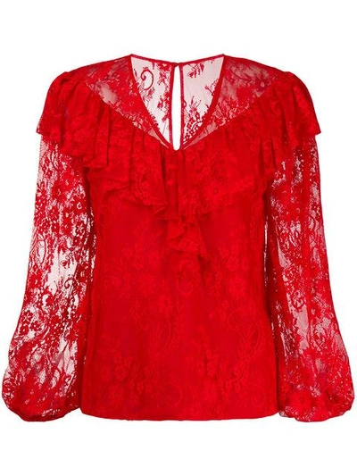Three Floor Lace Pattern Blouse In Red