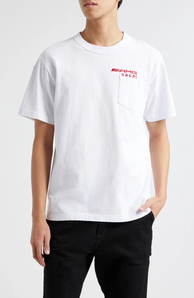Sacai Amg Logo Embroideed Cotton Pocket T-shirt In White