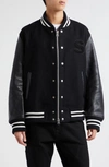 Sacai Amg Logo Embroidered Wool & Leather Varsity Jacket In Black