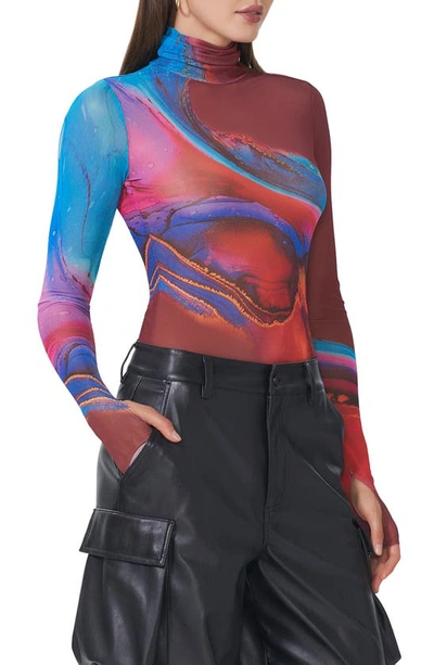 Afrm Zadie Print Mesh Turtleneck Top In Ocean Marble