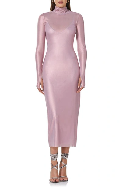 Afrm Shailene Foil Long Sleeve Dress In Metallic Mauve