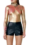 Afrm Zadie Long Sleeve Turtleneck Bodysuit In Golden Nude Rose