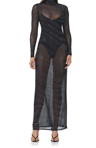 Afrm Rowan Sequin Stripe Long Sleeve Mesh Maxi Dress In Hematite Noir