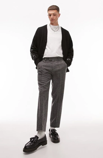 Topman Slim Fit Herringbone Trousers In Grey