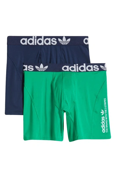 Adidas Originals Assorted 2-pack Trefoil Boxer Briefs In Night Indigo/ Green/ White