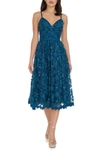 Dress The Population Tahani Floral Embroidered Fit & Flare Midi Dress In Peacock Blue