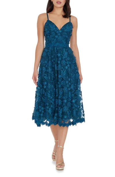Dress The Population Tahani Floral Embroidered Fit & Flare Midi Dress In Peacock Blue