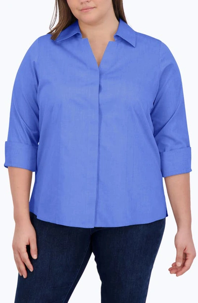 Foxcroft 'taylor' Three-quarter Sleeve Non-iron Cotton Shirt In Blue