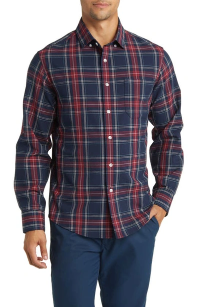 Mizzen + Main City Trim Fit Plaid Stretch Flannel Button-down Shirt In Navy Tartan