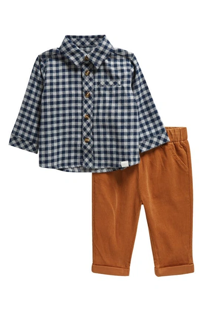 Petit Lem Babies' Gingham Organic Cotton Flannel Shirt & Corduroy Trousers Set In Navy