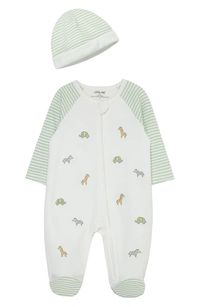 Little Me Babies'  Safari Embroidered Cotton Footie & Hat Set In Ivory