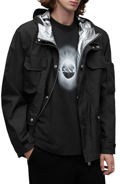 Allsaints Tycho Water Repellent Hooded Utility Jacket In Black/ Silver