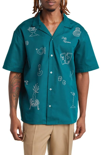 Drôle De Monsieur La Chemise Brodée Embroidered Camp Shirt In Forest Green