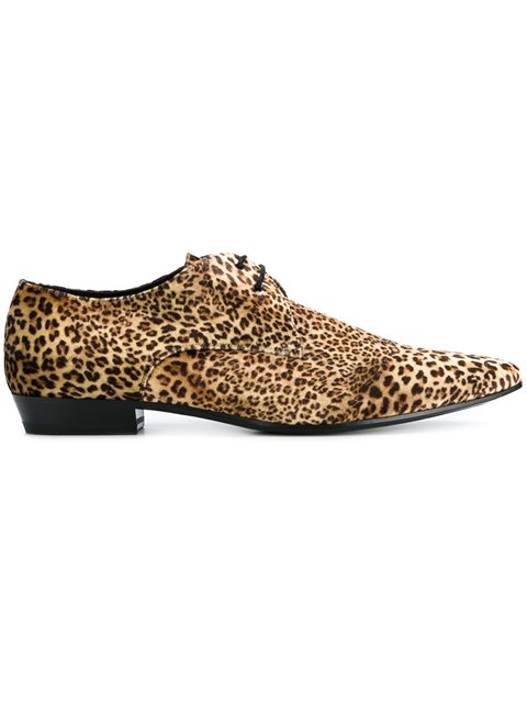 Saint Laurent Leopard Print Velvet Derby Shoes In Brown | ModeSens