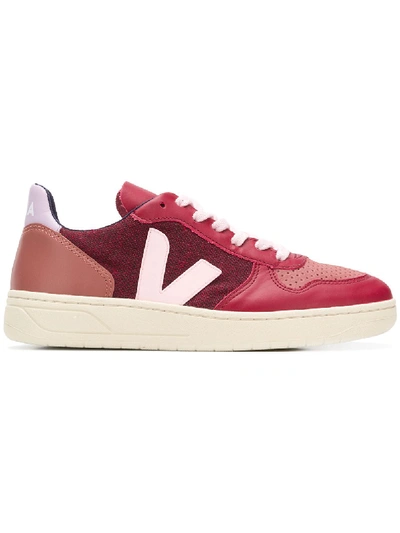 Veja V-10 Leather, Suede And Tweed Sneakers In Red
