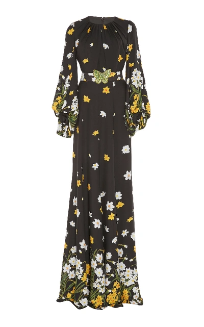 Andrew Gn Floral-print Jewel-neck Long Blouson-sleeve Gown In Black Pattern