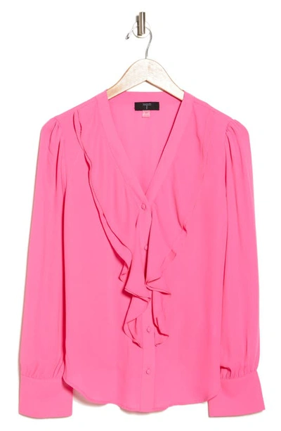 T Tahari Ruffle Long Sleeve Button-up Shirt In Brillant Pink