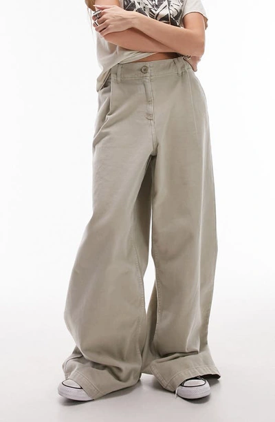 Topshop Wide Leg Puddle Pants In Beige