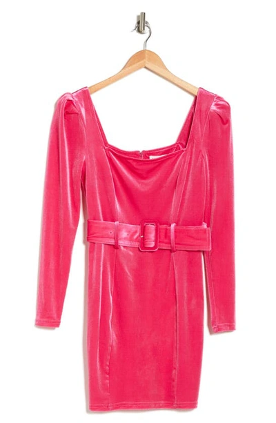 Blu Pepper Long Sleeve Belted Velour Minidress In Hot Pink