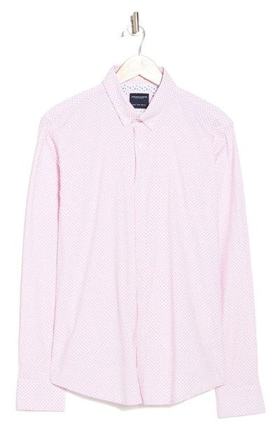Denim And Flower Micro Print Stretch Button-down Shirt In White/ Pink Geo