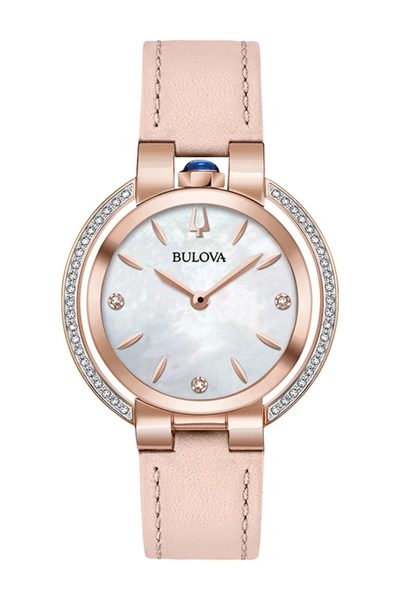 Bulova Women's Rose Goldtone Stainless Steel, White Mother-of-pearl & Diamond Leather-strap Watch