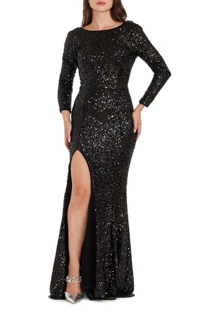 Dress The Population Janette Sequin Long Sleeve Mermaid Gown In Jet Black