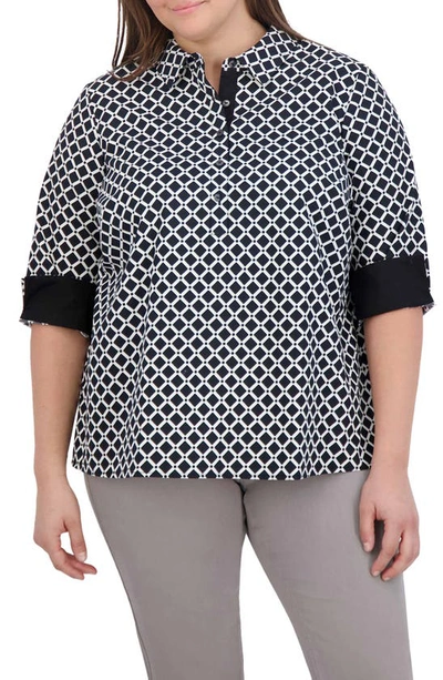 Foxcroft Therese Diamond Print Cotton Split Back Popover Shirt In Black/ White